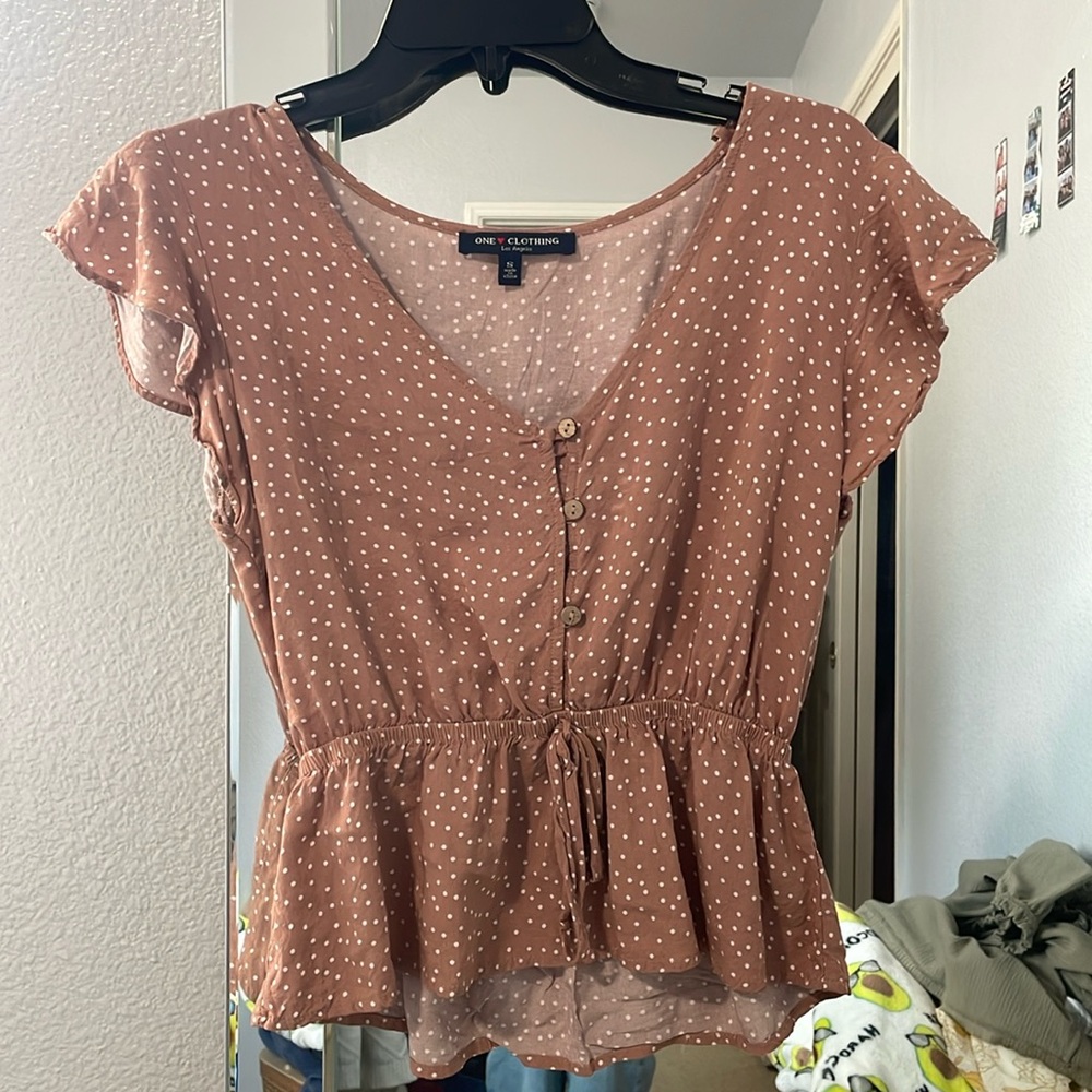 Brand: One clothing la. Size:S Color: light pink with blue polka dots.
